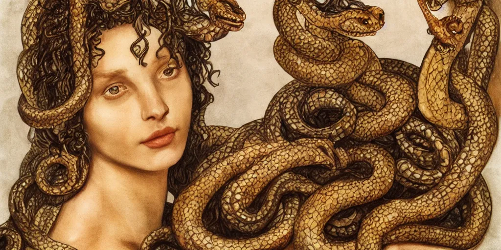 Image similar to realistic portrait of beautiful medusa with her snakes, golden, delicate, facing camera, hyper realism, 1 4 5 0, ink, ultra realistic, 8 k