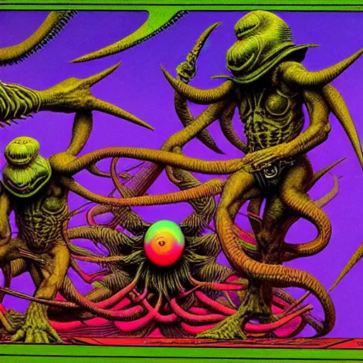 Prompt: stoner metal album cover in the style of wayne barlowe and kenny scharf and philippe druillet, realistic, insanely detailed, intricate, smooth, airbrush, play-doh