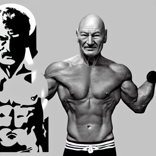 Image similar to a picture of the body of hulk hogan with the head of patrick stewart, viewed from far away, lifting weights, sharp focus, vector, 4 k, by victor mapplethorpe