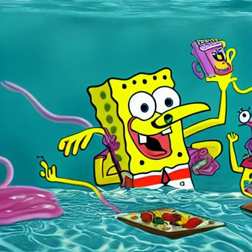 Image similar to spongebob squarepants swimming in a pool full of spaghetti, realistic, scary