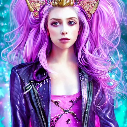 Image similar to A masterpiece portrait of a Incredibly beautiful. princess. Heroin chic beautiful Unicorn Fairy tale girl. The Candy Queen. Purple leather jacket. Candies in her hair. Pink background. medium shot, intricate, elegant, highly detailed. trending on artstation, digital art, by Stanley Artgerm Lau, WLOP, Rossdraws, James Jean, Andrei Riabovitchev, Marc Simonetti, Yoshitaka Amano