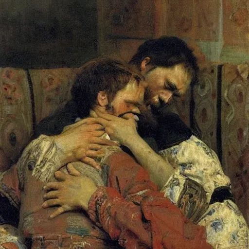 Image similar to ivan the terrible cradling his dying son ivan, painting by ilya repin, extremely detailed, oil on canvas