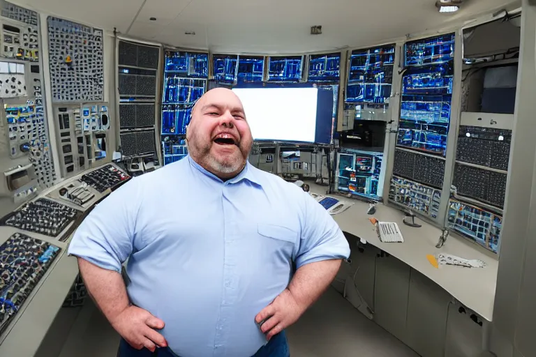 Image similar to heavyset bald man wearing a white shortsleeved shirt and blue jeans working in a nuclear silo control room by Emmanuel Lubezki