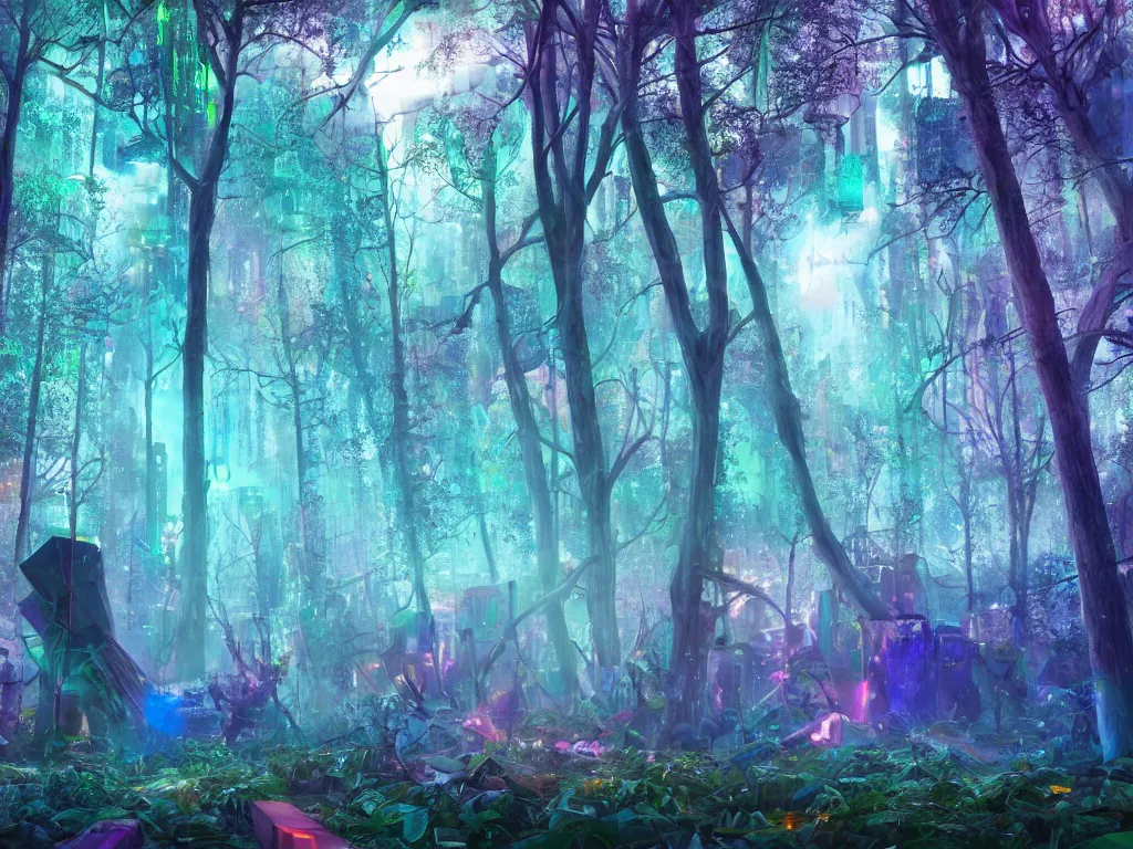 Prompt: mystical colorful cyberpunk forest with a clear blue lake in a clearing where an abstract nebula crystal sculpture is floating above it, powerful, ethereal, vaporwave