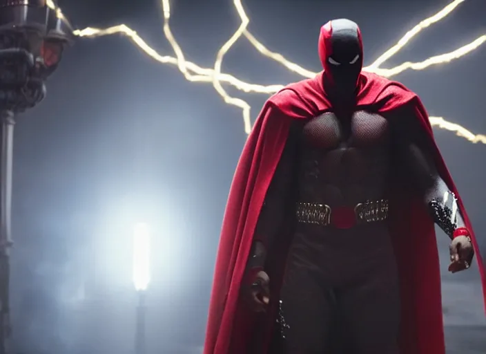 Image similar to film still of michael b jordan as spawn in the new spawn movie, giant chains, large cape, 8 k