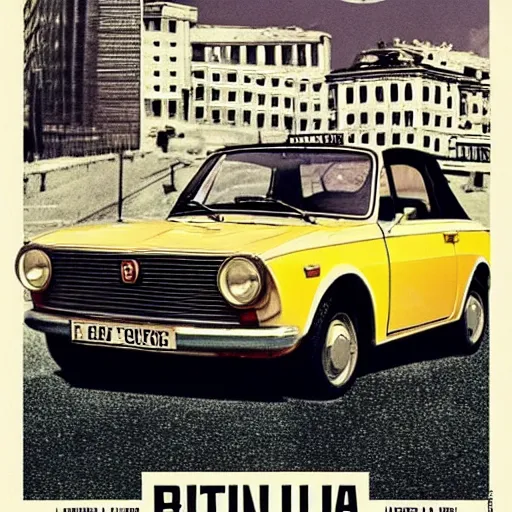 Image similar to fiat 124 berlina in soviet city. Film poster. Epic cinematic