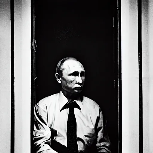 Image similar to a very sad and old wrinkled vladimir putin ( ( in prison clothes sitting on prison bench in prison ) ). detailed professional 3 5 mm black and white photo by don mccullin and anders petersen world press photo award