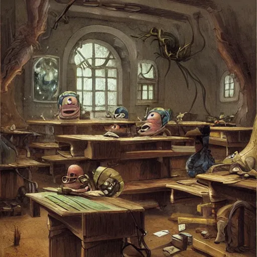 Image similar to giant slug runs amuck in spacious laboratorium with students, monster university, by jean - baptiste monge!!!