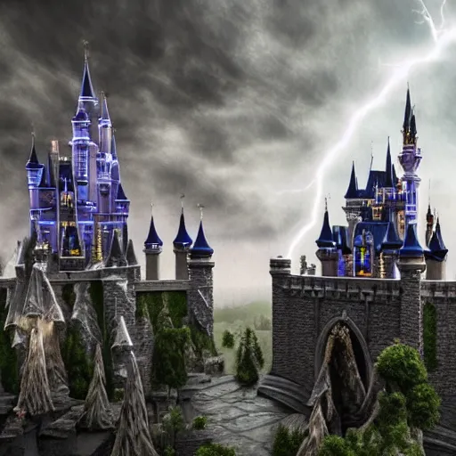 Prompt: A extremely highly detailed majestic hi-res beautiful, highly detailed mysterious pure all white brick immaculate disney hogwarts castle in black scary storm clouds high detail,ethereal, dramatic lightning, rim light, hyperrealistic, photorealistic, octante render, elegant, cinematic, high textures, hyper sharp, 8k, insanely detailed and intricate, graphic design, cinematic atmosphere, hypermaximalist, hyper realistic, super detailed, 4k HDR hyper realistic by Beeple, by Makoto Shinkai, syd meade, starwars, space art concept, digital art, unreal engine, WLOP, trending on artstation, 4K UHD image, octane render, artstation