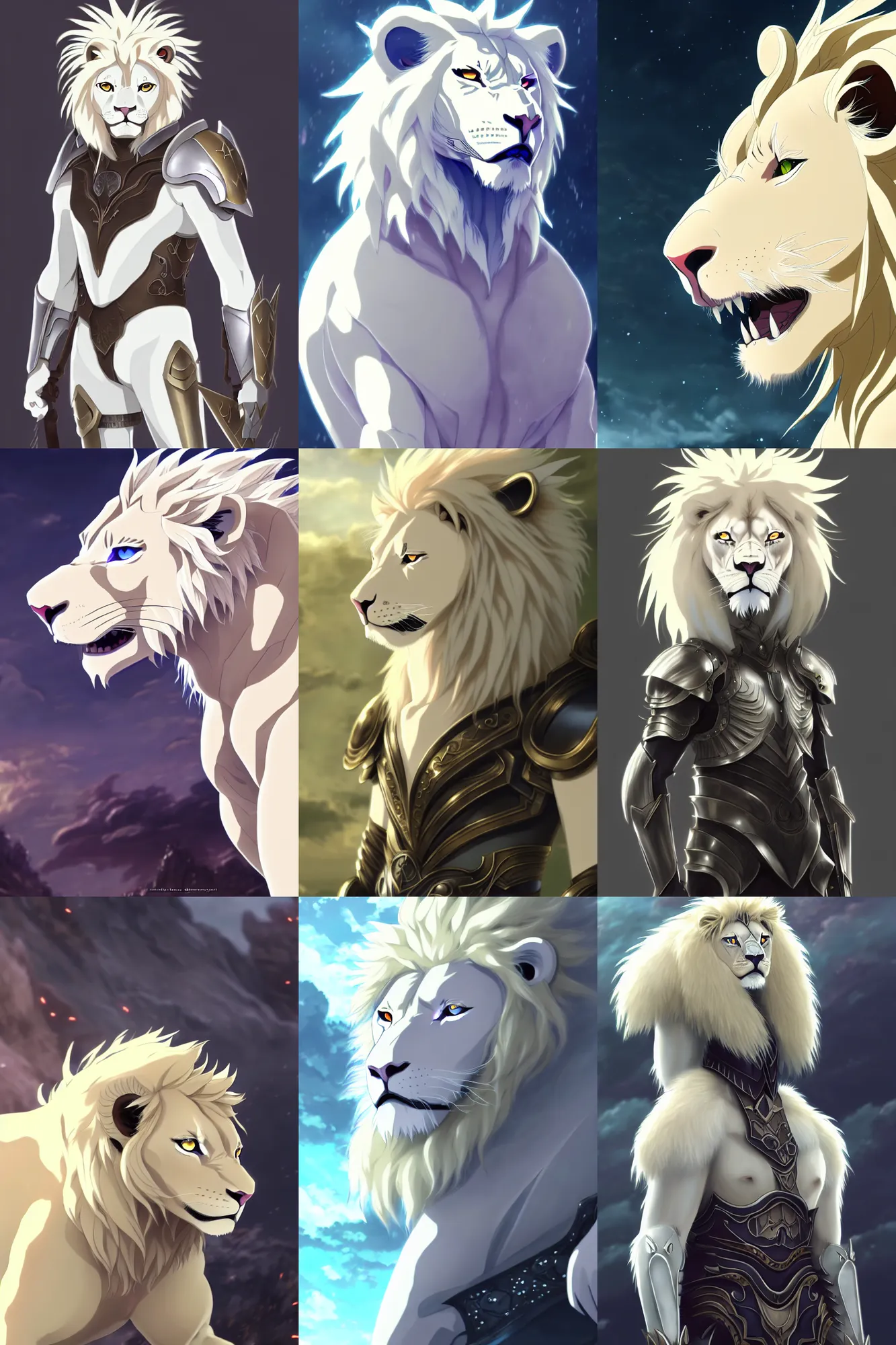 Prompt: albino lion wearing fantasy armor, fursona, anthro, anime key visual, detailed armor, makoto shinkai, portrait