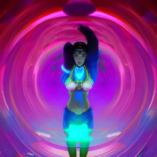Image similar to long Shot of psychedelic Chun-Li standing in mysterious chromatic astral temple , stylish, lsd, soft, trending on artstation, cinematic, artwork by WLOP
