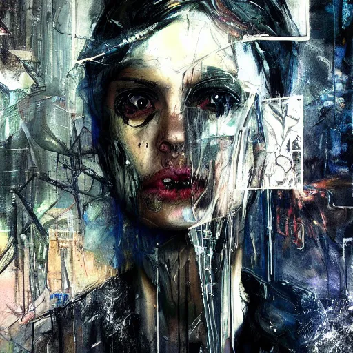 Image similar to a cyberpunk gothic noir detective, skulls, wires cybernetic implants, machine noir grimcore in cyberspace photoreal, atmospheric by jeremy mann francis bacon and agnes cecile, ink drips paint smears digital glitches