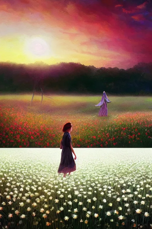 Prompt: giant white daisy flower veil face, girl walking in a flower field, surreal photography, sunrise, dramatic light, impressionist painting, colorful clouds, digital painting, artstation, simon stalenhag