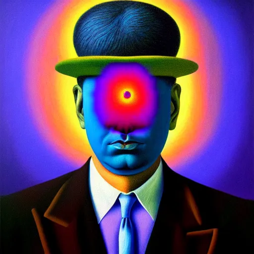 Image similar to An extremely psychedelic portrait of Rene Magritte, surreal, LSD, face, detailed, intricate, elegant, lithe, highly detailed, digital painting, artstation, concept art, smooth, sharp focus, illustration