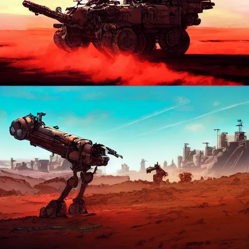 Prompt: cinnabon battlemech, post-apocalyptic, high-tech, hulking, wide shot, desert background, highly detailed, artstation, concept art, sharp focus, illustration, art by yoshiyuki tomino and magali villeneuve, red brown and blue color scheme