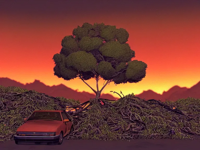 Image similar to low angle shot of tree growing inside scrap car in the foreground. overgrown. soft golden red sunset over the mountains in the background. clouds. detailed leaves, the style of 1 9 9 0's cg graphics against the cloudy night sky, lsd dream emulator psx, 3 d rendered y 2 k aesthetic by ichiro tanida, 3 do magazine, wide shot