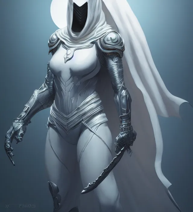 Image similar to female moon knight, hyper detailed, digital art, trending in artstation, cinematic lighting, studio quality, smooth render, unreal engine 5 rendered, octane rendered, art style by klimt and nixeu and ian sprigger and wlop and krenz cushart