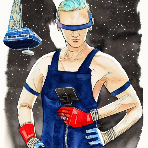 Image similar to detailed colorful watercolor of square - jawed emotionless serious blonde woman starship engineer, tribal tattoos, handsome, short slicked - back hair, sweating, uncomfortable and anxious, looking distracted and awkward, wearing victorian dark goggles, dirty white tank top, cargo pants, and gloves, small spacecraft in background, highly detailed, david mack, trending on artstation