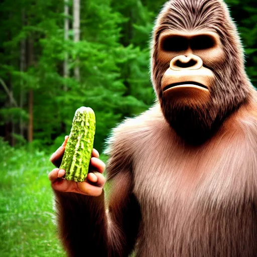 Prompt: bigfoot holding a pickle in his hand, color photograph, nature photograph, national geographic, 4 k.