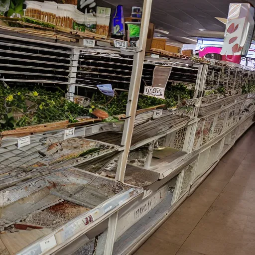 Image similar to a ransacked grocery store, broken signs, filthy flooring. Vines growing. Award-winning photo. OM system 12–40mm PRO II 40mm, 1/100 sec, f/2 8, ISO 800