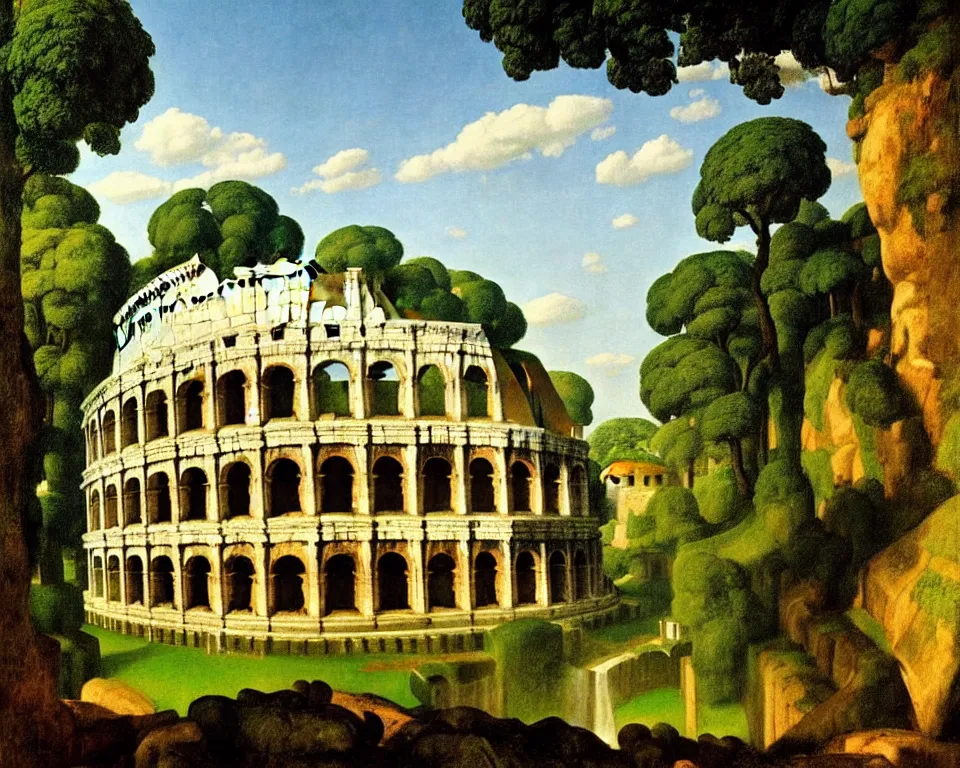 Image similar to an achingly beautiful print of the Colosseum in a jungle clearing with a cascading waterfall in the distance by Raphael, Hopper, and Rene Magritte. detailed, romantic, enchanting, trending on artstation.