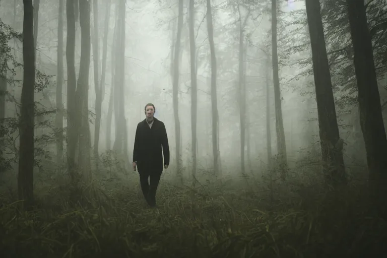 Image similar to a cinematic headshot portrait of a male scientist, in a spooky forest, fog, portrait, portrait, portrait, shrubbery, 8 k, detailed, backlight, deep focus, movie still, moody lighting, by werner herzog