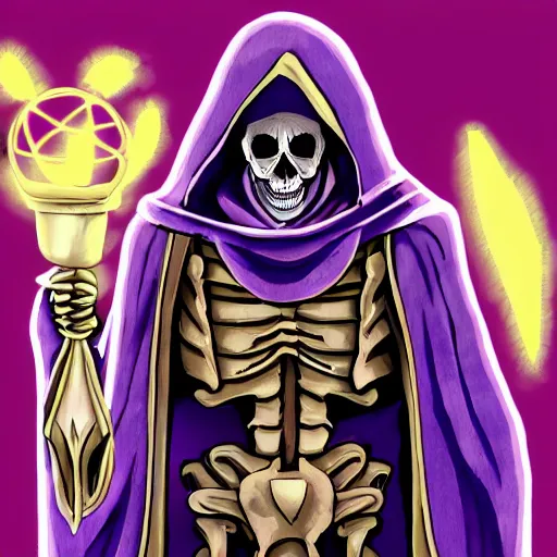 Image similar to a skeleton in a purple robe, golden magical shoulder pads, in a hood, a red magic sphere in the chest, he stands next to the golden throne, manga, anime overlord, hand drawn, proportions, 2d