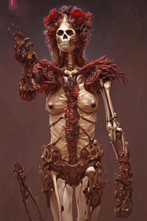 Image similar to Portrait of an anthropomorphic skeleton-woman warrior necromancer with red hands, cinematic lighting, intricate, rugged, ormal hands, normal legs, highly detailed, digital painting, artstation, smooth, sharp focus, illustration, art by artgerm and greg rutkowski and alphonse mucha and Wayne Barlowe and william-adolphe bouguereau