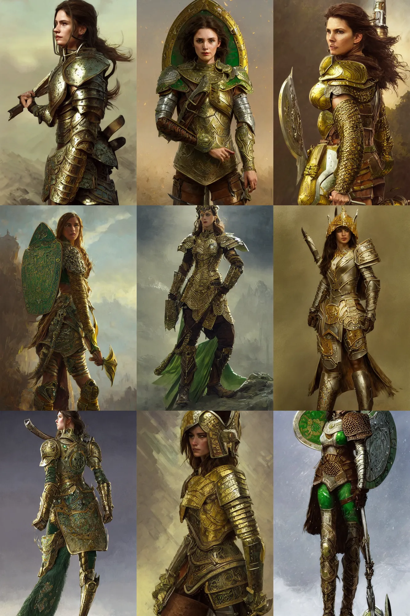 Prompt: full body portrait of a rugged female warrior medium length brown hair and a very highly detailed face wearing elegant white, green and gold plate mail armor intricately painted, holding a rectangular tower shield, very highly detailed, artstation, cgsociety, realistic character concept art, sharp focus, by greg rutkowski, wlop, and alphonse mucha