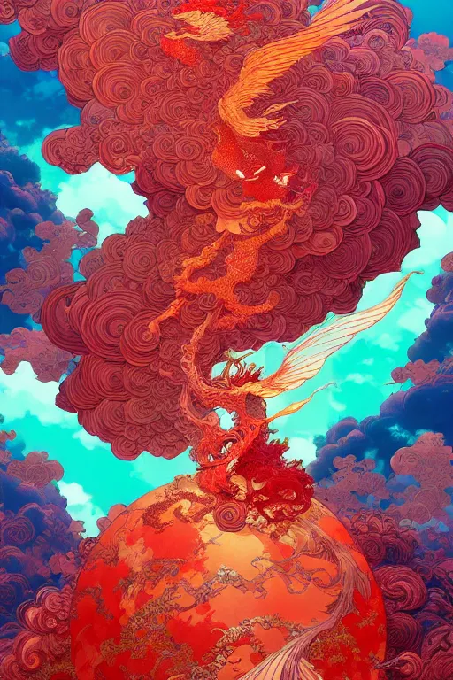 Image similar to a beautiful hyperdetailed character design 4 k wallpaper illustration of a huge reddish phoenix, victo ngai style, from china, style of studio ghibli, makoto shinkai, raphael lacoste, louis comfort tiffany, denoise, deblurring, artgerm, xision, james jean, ross tran, chinese style