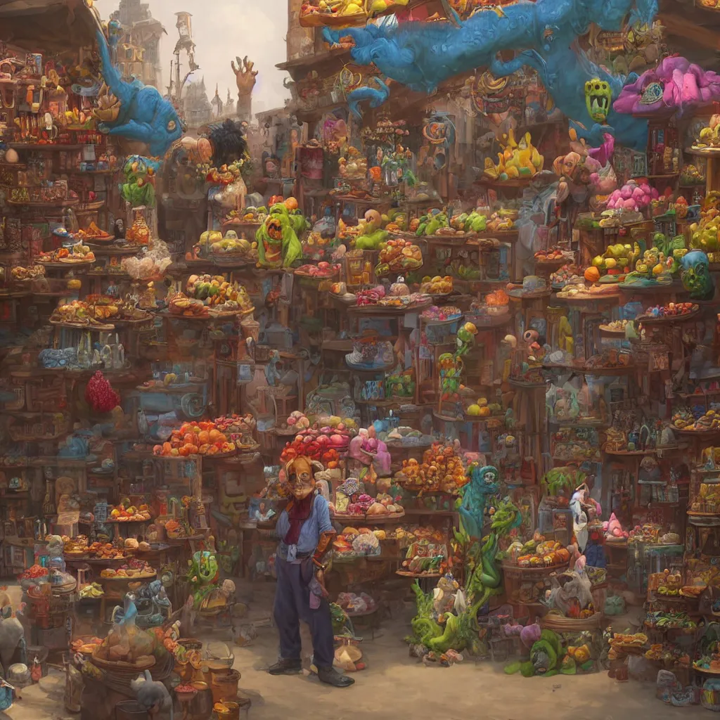 Image similar to a beautiful portrait painting of weird happy monster merchant in an outdoor bazaar by james gurney | unreal engine :. 3