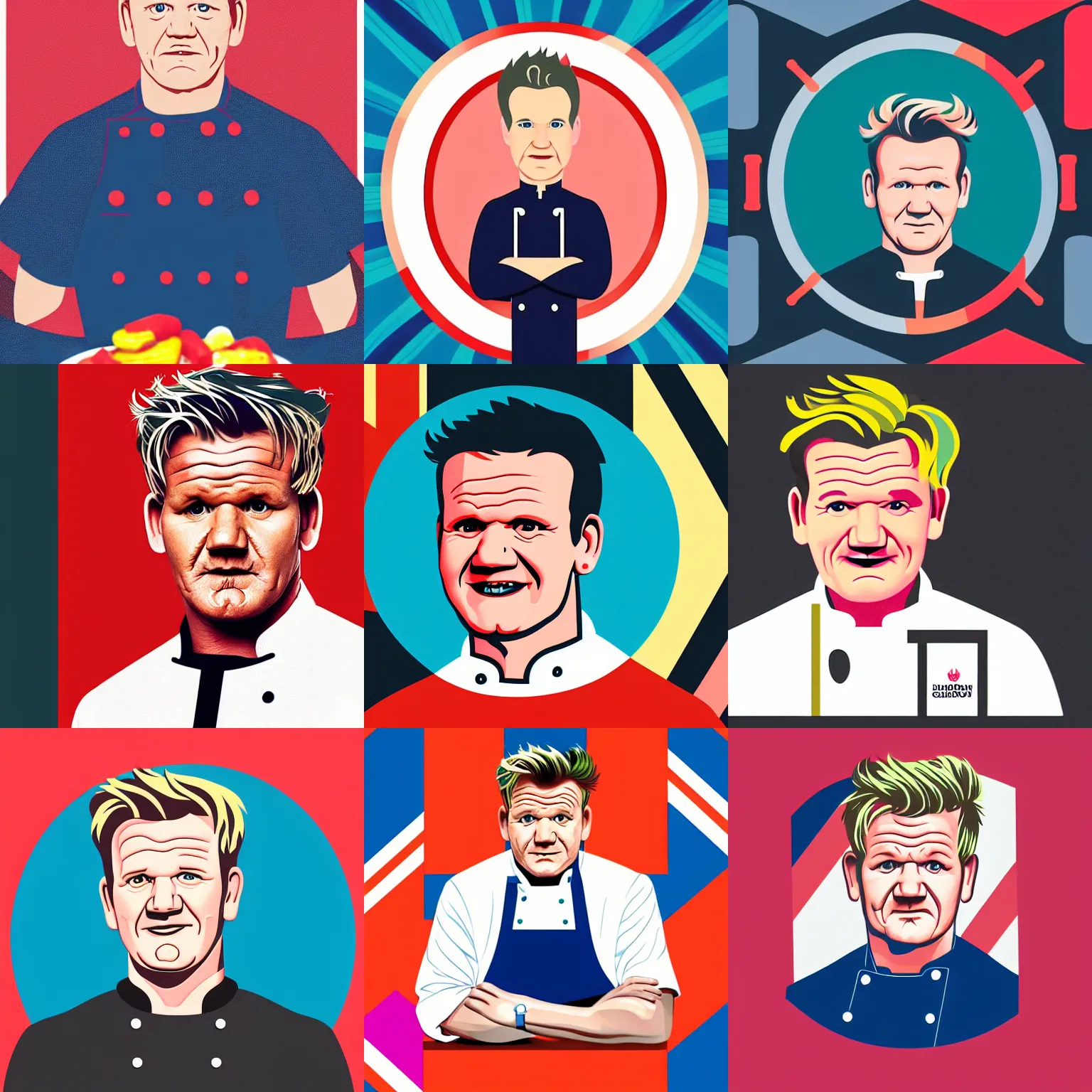 Prompt: A portrait of Gordon Ramsay with a chef uniform, geometric style, candy colors, rounded corners, isometric view