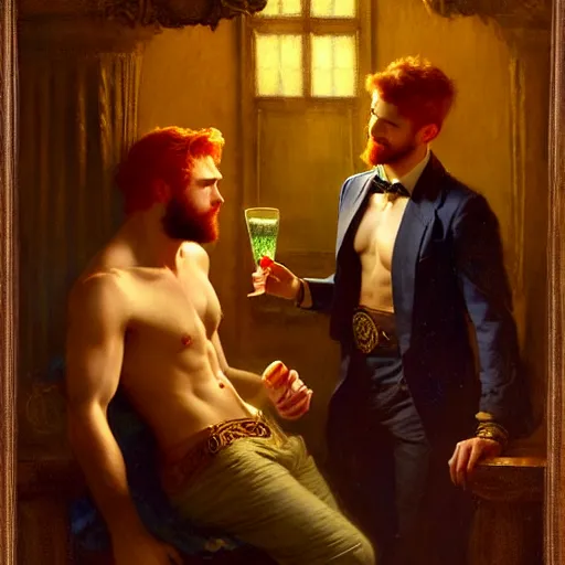 Image similar to attractive male mike with ginger hair and attractive male tyler with brunet hair, drinking their hearts out, in their noble mansion, at night. highly detailed painting by gaston bussiere, craig mullins, j. c. leyendecker 8 k