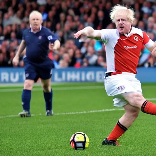 Image similar to a photo of Boris Johnson playing soccer in a Premier League match