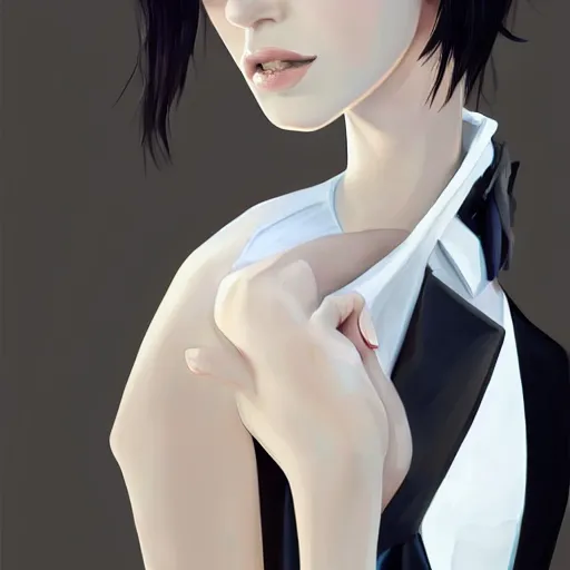 Image similar to slim girl in tuxedo with short black hair, elegant, 2d, ultra highly detailed, digital painting, smooth, sharp focus, artstation, portrait art by Ilya Kuvshinov