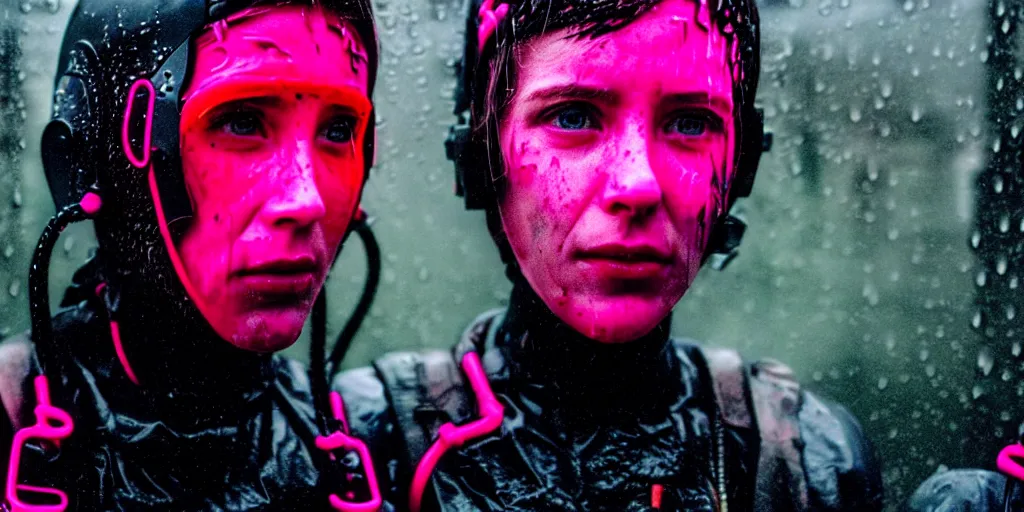 Image similar to cinestill 5 0 d candid photographic portrait by helen levitt of two cyborgs wearing rugged neon pink mesh techwear in treacherous waters, extreme closeup, modern cyberpunk moody depressing cinematic, pouring rain, 8 k, hd, high resolution, 3 5 mm, f / 3 2, ultra realistic faces, ex machina