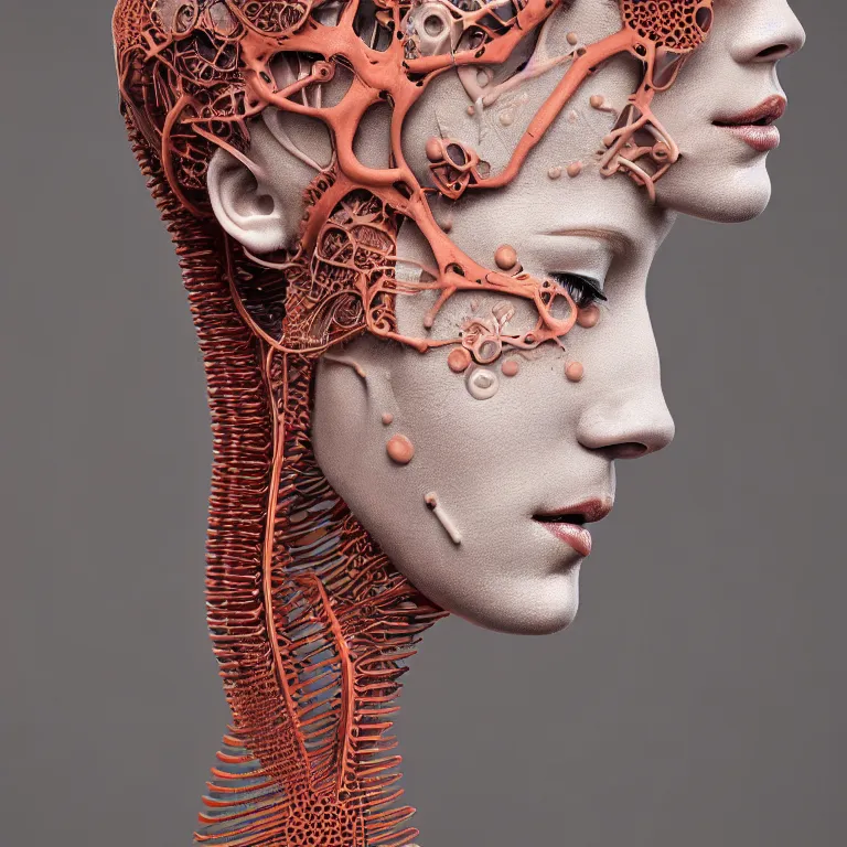 Image similar to portrait of beautiful!! horizontally symmetrical!! ceramic woman's head with coral!! reef hair. mechanical skeleton, biomechanical android. soft light painted by moebius, inspired by mary jane ansell, smooth face feature, horizontal symmetry!!!, intricate, studio photography, high detail