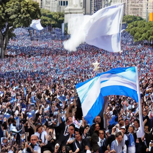 Image similar to Lady Gaga as president, Argentina presidential rally, Argentine flags behind, bokeh, giving a speech, detailed face, Argentina