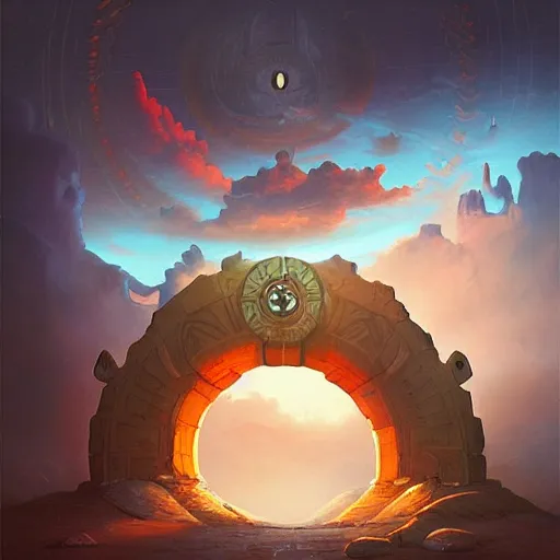 Image similar to highly detailed peter mohrbacher illustration of a stargate made of stone that forms a circle, cinematic view, epic sky