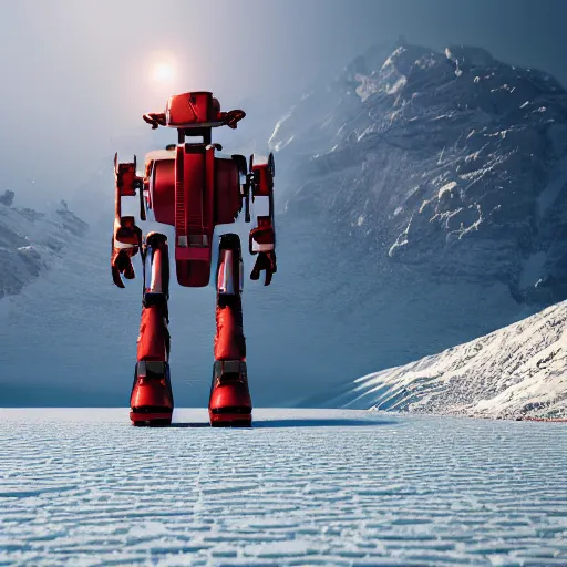 Image similar to a very, very, very, very, very, very, big, giant shiny robot made out of red retro refrigerators walking on an icy salt flats, dark mountains in the distance, octane render, unreal engine, sharp, daylight, shiny, shiny, shiny, trending in artstation, highly detailed, 4K UHD