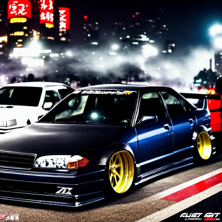 Image similar to a car JZX100 twin turbo drift at illegal car meet, Shibuya prefecture, city midnight mist lights, cinematic lighting, photorealistic, highly detailed wheels, high detail