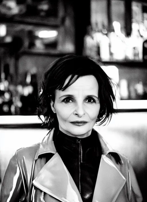 Image similar to head to shoulder portrait Juliette Binoche wearing black latex coat in a bar. In the syle of a film noir movie.