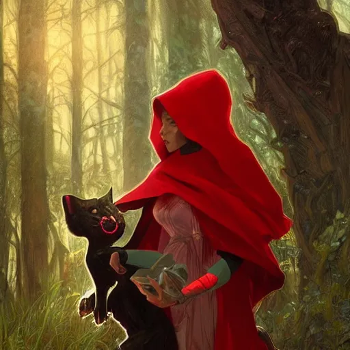 Image similar to Beautiful Portrait of Little Red Riding Hood with a black panther, intricate, wild, highly detailed, digital painting, artstation, concept art, smooth, sharp focus, illustration, art by artgerm and greg rutkowski and alphonse mucha, footage from space camera