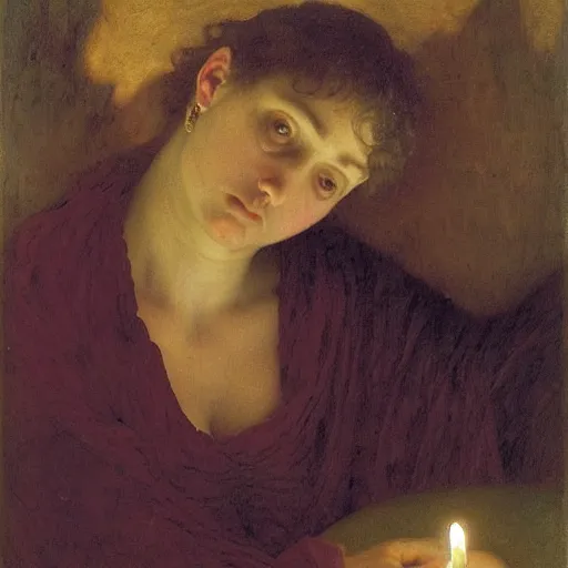 Image similar to a renaissance oil painting portrait by alma tadema of a mourning widow crying in sorrow in a dark room surrounded by candles, colourful pastel, detailed academic bouguereau, sharp focus