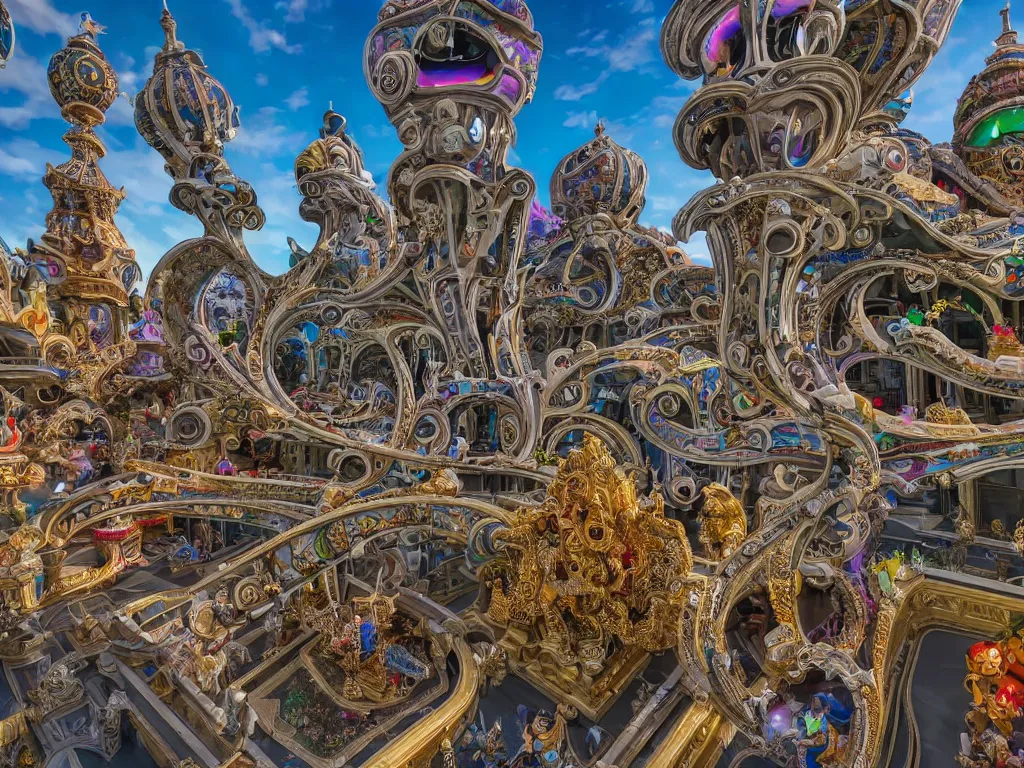 Image similar to a low angle of a busy elaborate ornate outdoor science museum, cinematic, shadows, 4 k, detailed, by zaha hadid and lisa frank and peter jackson and ridley scott and beeple and greg rutowski