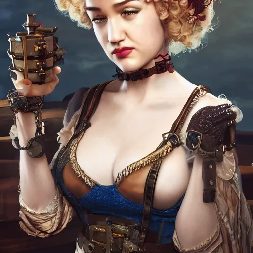 Image similar to julia garner starring as a steampunk burlesque pirate queen, made by stanley artgerm lau, wlop, rossdraws, artstation, cgsociety, concept art, cgsociety, octane render, trending on artstation, artstationhd, artstationhq, unreal engine, 4 k, 8 k