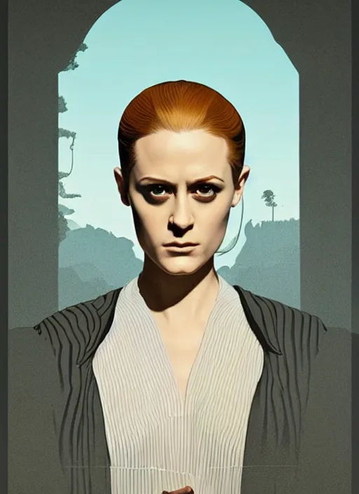 Image similar to poster artwork by Michael Whelan and Tomer Hanuka, a portrait of Evan Rachel Wood in Westworld, clean