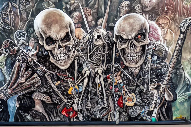 Prompt: skeleton heavy metal band live at coachella, art by danny flynn and simon bisley, trending on artstation, halfrear, oil and canvas, very very intricate, street art