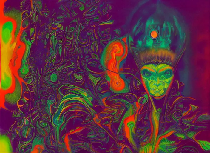 Prompt: the shaman of infinite fractal universes, by jack gaughan, dichromatism, paradox, volumetric light, insanely detailed and intricate, hypermaximalist, psychedelic colors, dramatic lighting, smooth, sharp focus, extremely detailed, aesthetically pleasing composition
