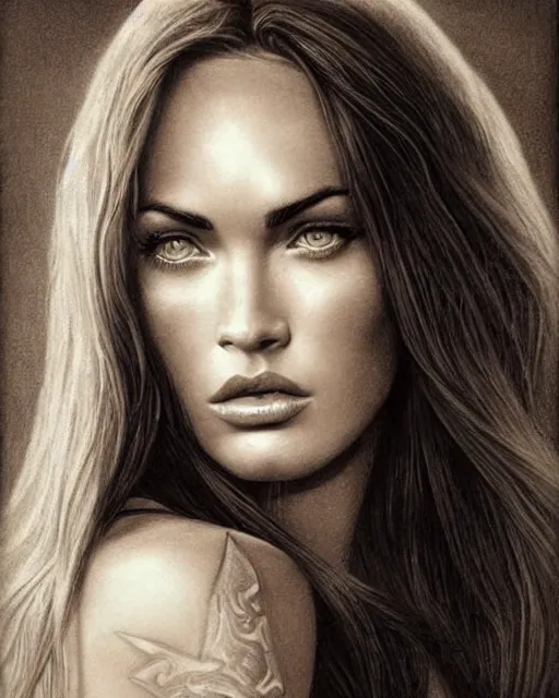 Image similar to pencil drawing of beautiful megan fox as greek goddess aphrodite, archer warrior, sagittarius tattoo, beautiful piercing eyes, flowing blonde hair, realistic face, hyper realistic, in the style of greg rutkowski, fantasy, amazing detail, epic, intricate, elegant, smooth, sharp focus